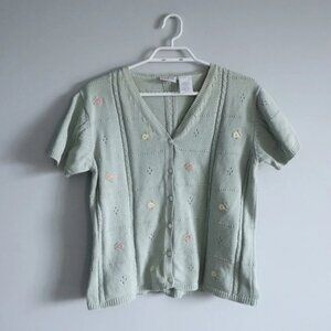 Vintage Style My Way Women's M Green V-Neck Floral Knit Long Sleeve Cardigan